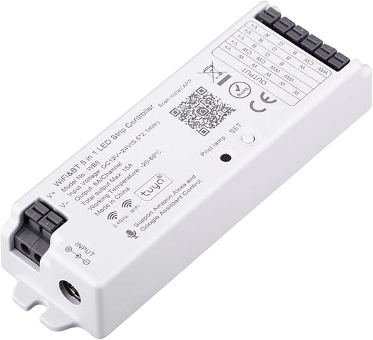 TUNICHX 5 in1 WB5 2.4GHz WiFi PWM LED Controller Compatible with Alexa/Google Home/Tuya Smart Life APP Control for Dimming CCT RGB RGBCCT RGBW LED Strip Match WR01RF WR02RF etc RF Remote