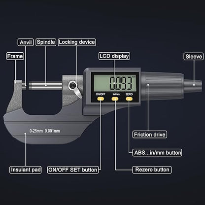 HDLKNAK Digital Outside Micrometer (0-1”/25mm), 0.00005"/0.001mm Precision, Inch/Metric Dual Reading, Machinist Thickness Gauge with Large LCD.
