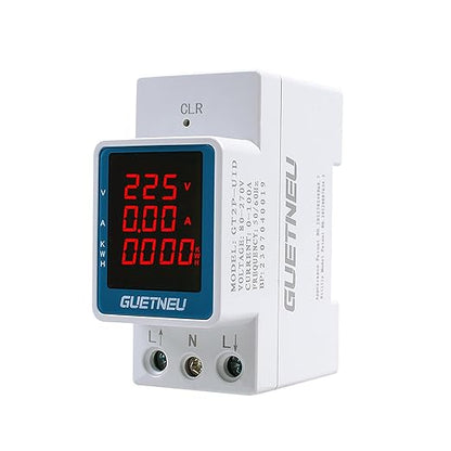 GUETNEU Digital Display Energy Meter Energy Tester Electricity Usage Monitor AC Rail-Mounted Meter GT2P-UID, AC 80~270V, 0~100A, 50/60Hz. Used to Measure AC Voltage, Current and Energy Consumption