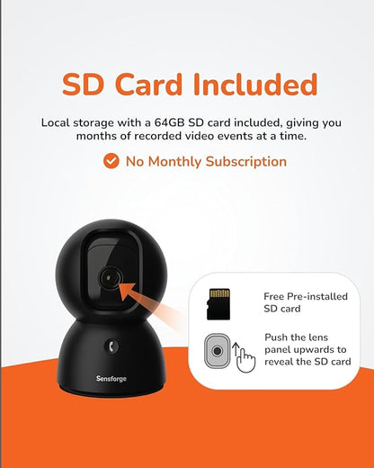 Sensforge 2.5K Indoor Pan-Tilt Dome Security Camera, AI Human & Pet Detection, 360° Coverage, Two-Way Audio, Dual-Band Wi-Fi (2.4G/5G), 64GB SD Card Included, No Monthly Fees (2, Black)