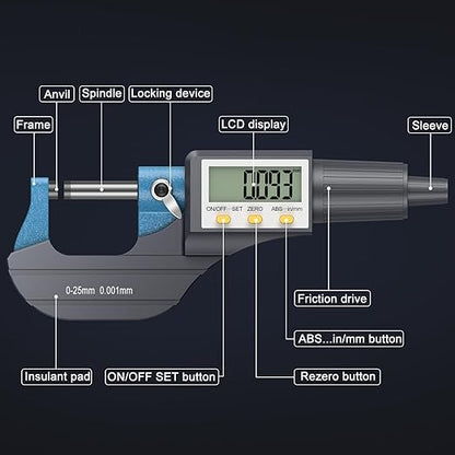 HDLKNAK Digital Micrometer, Outside Micrometer Precision Measuring Tool, 0-1"/0-25 mm, Inch/Metric 0.00005"/0.001 mm, Machinist Thickness Gauge Tool, Large LCD Display