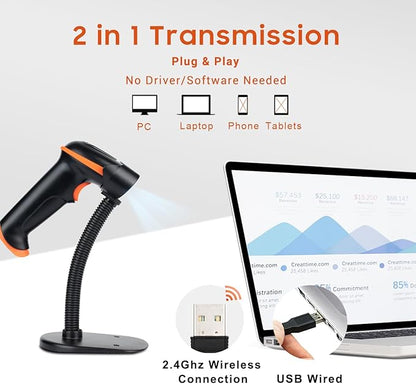 Tera Barcode Scanner Wireless 1D Laser Cordless Barcode Reader with Battery Level Indicator, Versatile 2 in 1 2.4Ghz Wireless and USB 2.0 Wired with Stand Model 5100-Z