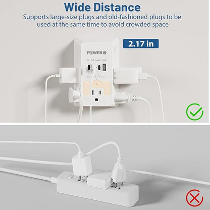 Electrical Outlet Extender with USB Ports (3C1A), Snug Wall Outlet with Night Light, Surge Protector, Wall Plug Adapter for Multiple Devices, Wall Socket Expander