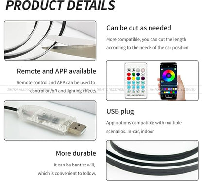 Ambient Lighting Car Led Lights Interior with APP, USB Powered Acrylic Neon Flexible Strip Fiber Optic LED Ambient Lighting kit,4 in 1 RGB Sound Active Music Lights Sync Car Decorations