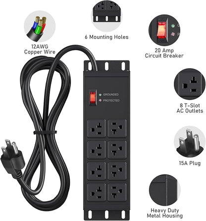 JUNNUJ Heavy Duty 20 Amp Surge Protector 4800J, Garage Metal 8 Outlets 12 Gauge, High Amp 5-15P Adapter Shop 6-20R T-Slot Industrial Outlet, 10 FT Extension Cord Commercial for Appliance