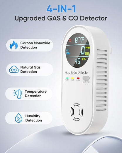 Vilfet Carbon Monoxide Detectors and Natural Gas Detector, 4-in-1 Carbon Monoxide Detectors Plug in, Gas Leak Detector with Dual Alarms, Temperature & Humidity Sensor for Home, RV, White, 2 Pack