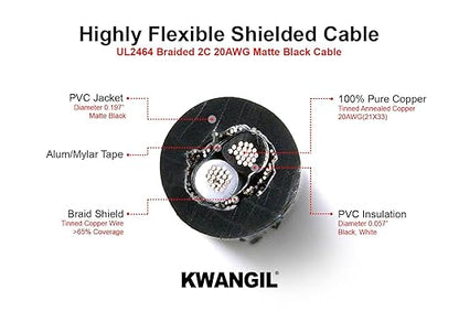 KWANGIL 2C 20AWG AMSB Shielded Cable Wire (UL2464) - Highly Flexible Str TC, PVC Ins, OS+TC BRD, PVC JKT for CNC Machine, Stepper Motor, VFD Spindle (Matte Black 50FT)