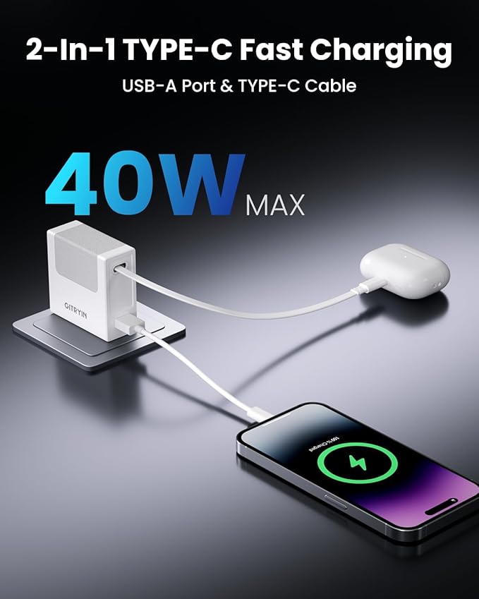 Portable Phone Charger Block, Retractable Wall Charger with 31.5in Type-C Cable, 40W PD Fast Charging Block with USB A Port, Power Adapter with Foldable Plug for iPhone 16/15, Galaxy S23 22