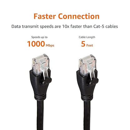 Amazon Basics RJ45 Cat 6 Ethernet Patch Cable for PC, TV, Tablet, Router, Printer, 1Gpbs Transfer Speed, Gold-Plated Connectors, 5 Foot, Black