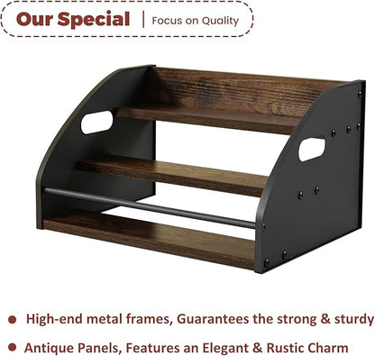 STAEVER 3-Tier Liquor Bottle Display Shelf, Exquisite Metal Design, Extra Large Bar Organizer for The Home Bar, Countertop Wine Rack with Smooth Handles, Retro Bar Shelf Stand for Whiskey, Spirits
