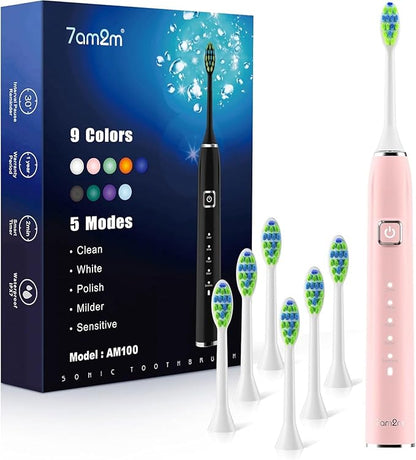 7AM2M Ultrasonic Electric Toothbrush with 6 Brush Heads for Adults&Kids, One Charge for 120 Days, USB-C Charge, 5 Modes, 40000VPM Powered Toothbrush, 2 Minutes Built in Smart Timer (Pink)