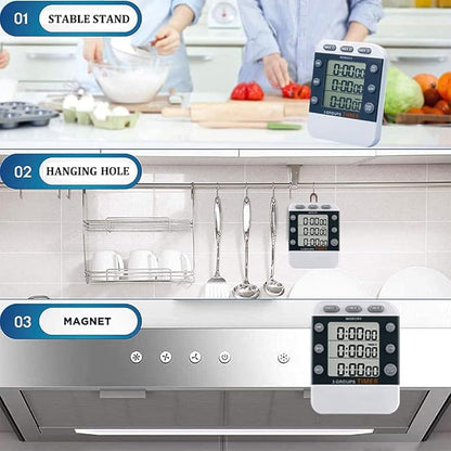 MOSTRUST Digital Dual Kitchen Timer for Cooking, 3 Channels Count Down/up Triple Multi Timers for Food, Magnetic Memory-Preset Large-Display Adjustable Alarm Volume, 3A Battery Included