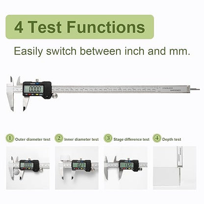 SCITOOLS Digital Caliper 0-12" Measuring Tool with Metal Ruler, Micrometer Caliper with Auto-Off Feature, Interchangeable Between inches and millimeters for DIY/Household and 3D Printing, Black