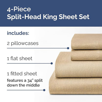 Split Head King Sheet Set – 4 Piece Flex Split Top King Sheets for Adjustable Beds - Fits 14” to 16" Mattress w/ Deep Pockets - Breathable & Cooling - Luxury Bedding and Wrinkle Free - Heathered Tan