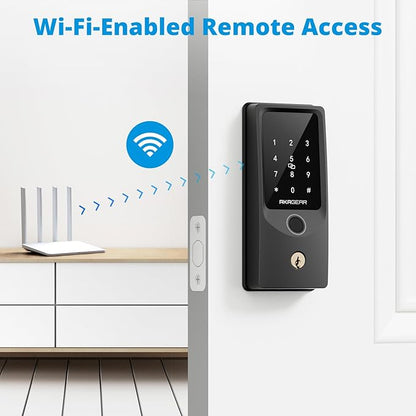 AkaGear T02 Fingerprint Keyless Entry Door Lock - Built in WiFi, Smart Lock for Front Door, App Remote Control, Auto Lock, Keys, Fob Card, PIN Code Unlock, Touch Keypad Deadbolt with Batteries, Black