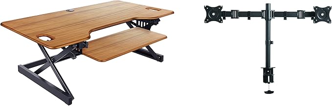 Rocelco 46" Large Height Adjustable Standing Desk Converter with Double Monitor Mount BUNDLE - Sit Stand Up Computer Workstation Riser - Retractable Keyboard Tray - Teak Wood Grain (R DADRT-46-DM2)