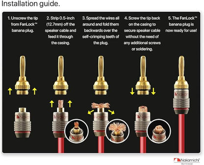 Nakamichi FanLock Excel Series 24k Gold Plated Banana Plugs 10 AWG - 18 AWG Gauge Size 4mm for Speakers Amplifier Hi-Fi Stereo Home Theatre Radio Audio Wire Cable Quick Connector 2 Pcs (1-Pair)