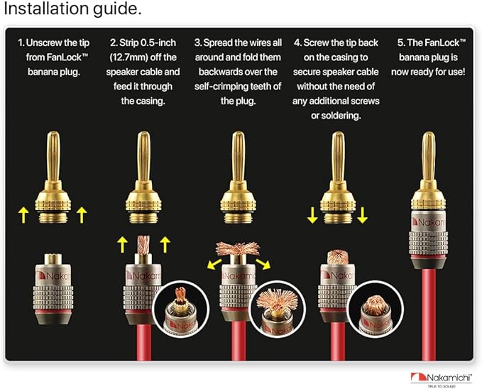 Nakamichi FanLock Excel Series 24k Gold Plated Banana Plugs 10 AWG - 18 AWG Gauge Size 4mm for Speakers Amplifier Hi-Fi Stereo Home Theatre Radio Audio Wire Cable Quick Connector, 48 Pcs (24-Pairs)