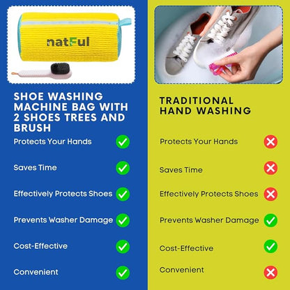 2-Pack Shoe Washing Machine Bag – Reusable Shoe Washing Bag with Brush & Shoe Trees, 360° Deep Cleaning Durable Sneaker Washing Machine Bag, Fits All Shoe Types & Sizes (Yellow, 15.35" × 7.87")