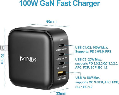MINIX 100W USB C Charger, NEO P3 Turbo 4-Ports GaN Wall Charger, 3 x USB-C Port Fast Charging Adapter(Max 100W/20W), 1 USB-A (Max 18W). Compatible with MacBook Pro Air, Smart Phone,Laptop and More.