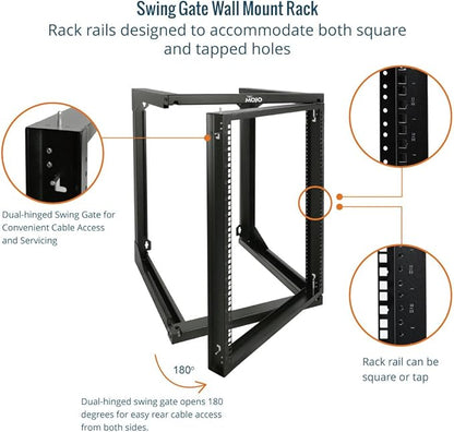 Tecmojo 15U Wall Mount Server Rack, Open Frame Network Rack for 19" Computer/AV/Data/IT/Media Equipment, 24" Depth, 16" Apart Mounting Holes, Swing Gate, Square and Tapped Holes