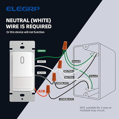 ELEGRP Matte White Single Pole Occupancy Motion Sensor Light Switch, Need Neutral Wire, 120° Sensor Coverage PIR Infrared Motion Activated, for CFL/LED/MLV/INC/HAL/Fan, UL,1 Pack
