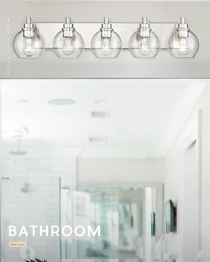 METWET Bathroom Light Fixtures, 5 Light Brushed Nickel Vanity Light, 32 Inch Modern Wall Sconces with Globe Clear Glass Shade, Vanity Lighting Fixtures Over Mirror, VL195-BN-CL-5