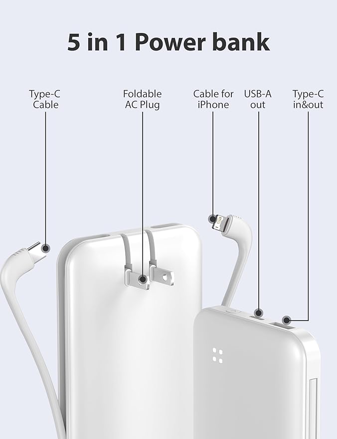 Alongza Portable Charger Built-in Cables and AC Wall Plug, Slim Fast Charging Power Bank 10000mAh, Lightweight USB C External Battery Pack Compact Travel Cell Phone Charger