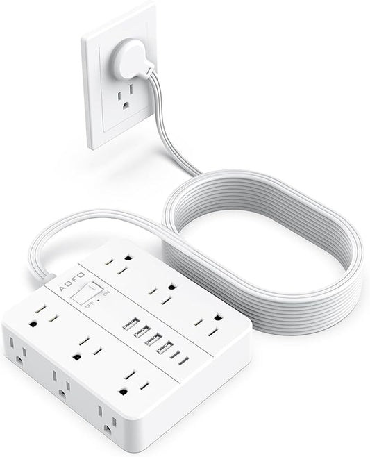 AOFO 25FT Surge Protector Power Strip,12 AC Outlets with 6 USB Ports (2 USB-C), Flat Plug Extension Cord with Multiple Outlets, Wall Mount for Home Office,Dorm, White