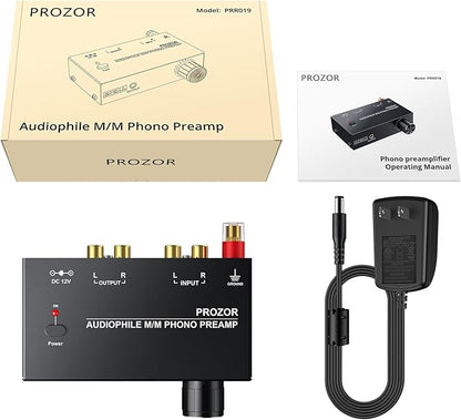 PROZOR Pre Amplifier for Turntable Audiophile M/M Phono preamp with Level Volume Controls with RCA Input, RCA/3.5MM Output interfaces, Low Noise Operation Including 12V 1A Power Adapter