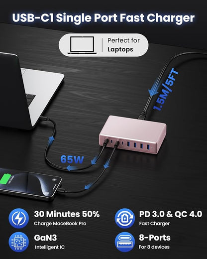 200W USB C Charger Block,8-Ports GaN III Fast Charging Station Hub,PD 65W Laptop Chargers Wall Charger Power Adapter for MacBook Pro/Air,DELL,Steam Desk,iPhone 17/16,iPad,Galaxy S25,Pixel-Pink