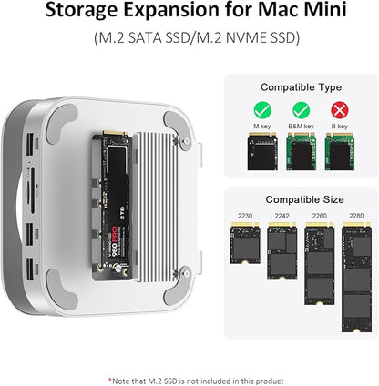 Akyyajaure Mac mini Hub: 10 in 1 Aluminum Stand & Dock for Mac mini M4 Pro with M.2 NVMe SSD Enclosure, 4K60hz HDMI, 10Gbps USB-A*2, SD/TF Card Readers, USB 2.0