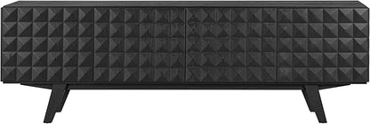 NTC Sapa Mid-Century Modern Solid Wood TV Stand 4-Door Media Console with Carved Geometric Fronts for TVs up to 75", Effortless Assembly, Burnt Black