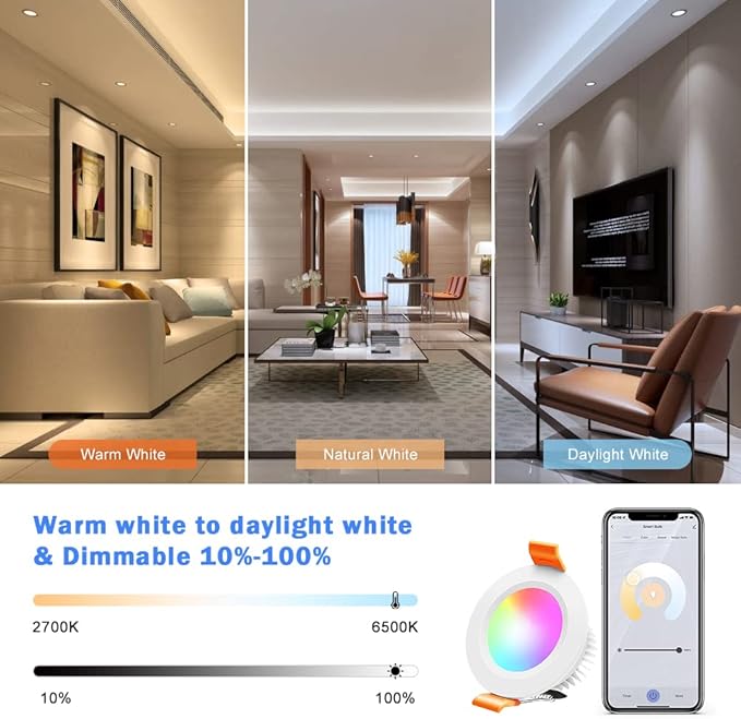 inShareplus 6 Pack 2 Inch Smart Recessed Lighting, WiFi LED Downlight 5W 120V, Dimmable RGBCW 2700-6500K Color Changing, Compatible with Alexa/Google, Ceiling Lights with LED Driver