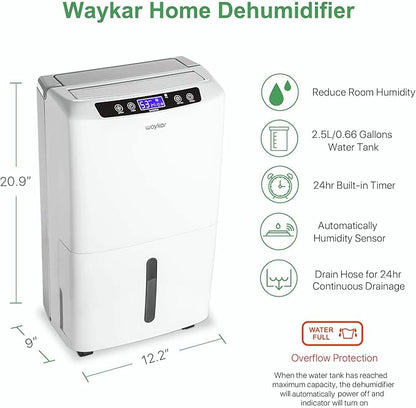 Waykar 2000 Sq. Ft. 2025 Energy Star Dehumidifier for Home and Basements, with Auto or Manual Drainage, 0.66 Gallon Water Tank Capacity
