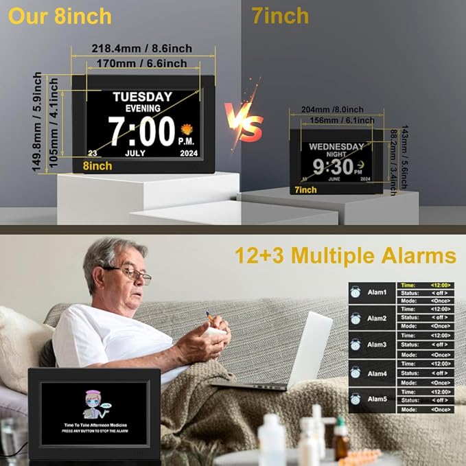 CAZOKASI 8inch Extra Large Impaired Vision Digital Alarm Clock with Day and Time for Elderly Calendar Clock Auto Dimmable Clock