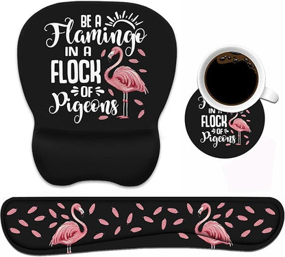 Mouse Pad Wrist Support and Keyboard Wrist Rest Set with Coasters, Inspirational Quote Be a Flamingo in a Flock Pigeons with Non-Slip PU Base Ergonomic Mousepad for Computer Laptop Home Office