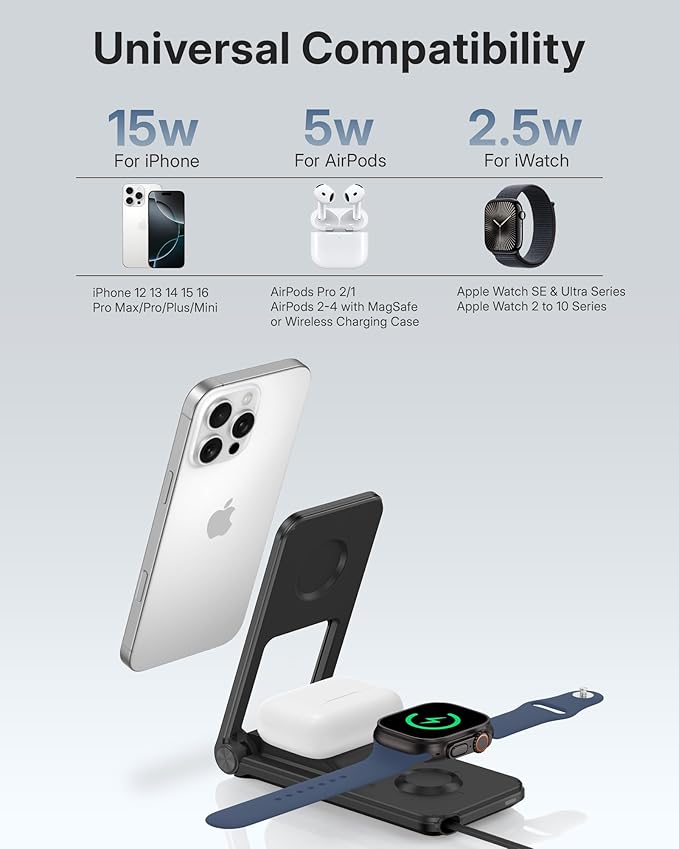 3 in 1 Charging Station for Apple Devices, Magnetic Wireless Charger Stand, 15W Foldable Travel Charging Dock for iPhone 16e 16 15 14 13 12 Pro Max Plus & Apple Watch & AirPods 4 3 2 Pro, Black