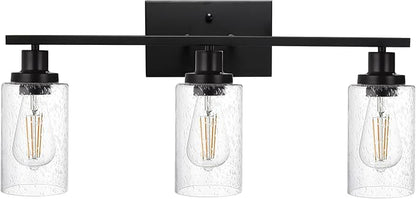 WINSHEN Wall Sconce Lighting 3-Light Matte Black Bathroom Vanity Light Fixtures Farmhouse Wall Lamp with Seeded Glass for Kitchen Living Room Mirror