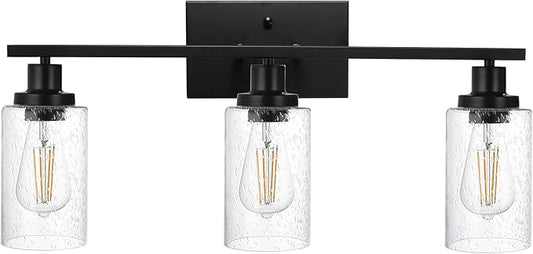 WINSHEN Wall Sconce Lighting 3-Light Matte Black Bathroom Vanity Light Fixtures Farmhouse Wall Lamp with Seeded Glass for Kitchen Living Room Mirror