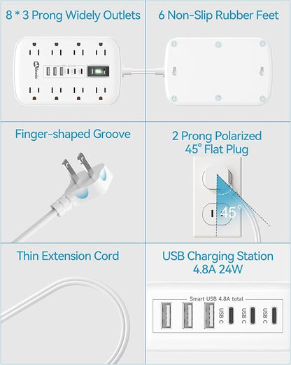 Short Extension Cord 3ft - 2 Prong Power Strip Surge Protector with 8 Outlets 6 USB Ports(3 USB C)4.8A/24W Charging Station, 3 prong to 2 prong adapter Wall Mount for Travel Dorm Room Essentials White