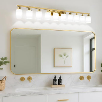 DIKAIDA Gold Bathroom Vanity Light,10-Light Brushed Gold Bathroom Light Fixtures with White Frosted Glass,64.5in Wall Lamp Sconces for Mirror Bedroom,Living Room Hallway,E26