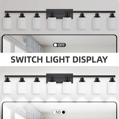DIKAIDA 8-Light Bathroom Light Fixtures Over Mirror, 52inch Modern Matte Black Vanity Lights with White Frosted Glass Shade, Bathroom Wall Lamp Sconces for Mirror Bedroom, Living Room Hallway