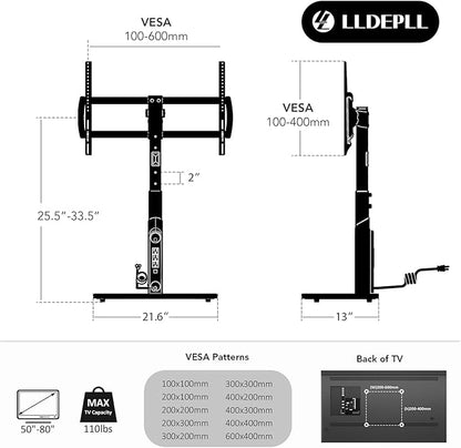 LLDEPLL Universal TV Stand Tabletop TV Mount with Power Outlet for 50-90 Inch OLED LED Monitors, 9 Levels Height Adjustment, Ambient Lighting on The Bottom Holds up to 150lbs, Black 600x400mm