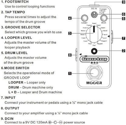 MOOER Groove Loop drum machine with 20 minute finder, 16 different drum grooves, 3 modes, play tempo for loop, record, practice with micro loop drum pedal, mini guitar jamming tool