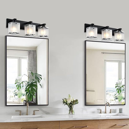 WINSHEN 3-Lights Bathroom Light Fixture Over Mirror, Modern Black Wall Sconce Vanity Lighting Fixtures with Rectangular Frosted Glass Shade for Bathroom Kitchen Bedroom, E26 Bulb Base