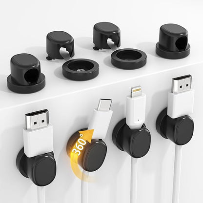 TIKIWIK Rotatable Cord Holder, Snap-Lock Cable Clips, 8 Pack Adhesive Cord Organizer, Phone Charger Wire Organizer Keeper for Nightstand Car Kitchen Office Accessory,Black