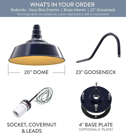 Steel Lighting Co. Large Outdoor Barn Light | Gooseneck Light Fixture | Made in America from 18-Gauge Steel | 20" Dome | 23" Gooseneck Navy Blue Exterior/Brass Interior