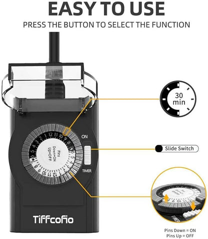 Outdoor Timer Outlet Waterproof, 24 Hour Mechanical Light Timer Outdoor, 2 Grounded Outlets for Home and Garden, 15A 1/2HP, Heavy Duty, ETL Listed (2 Pack)