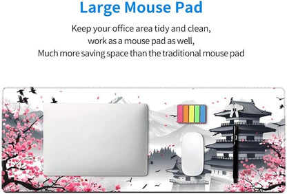 CANFLASHION Desk Pad,Office Desk Mat 31.5"×11.8"Large Gaming Mouse Pad,Durable Extended Computer Mouse Pad,Waterproof Thick Big Mouse Pads with Non-Slip Rubber Base Office Home Japanese Castle Cherry